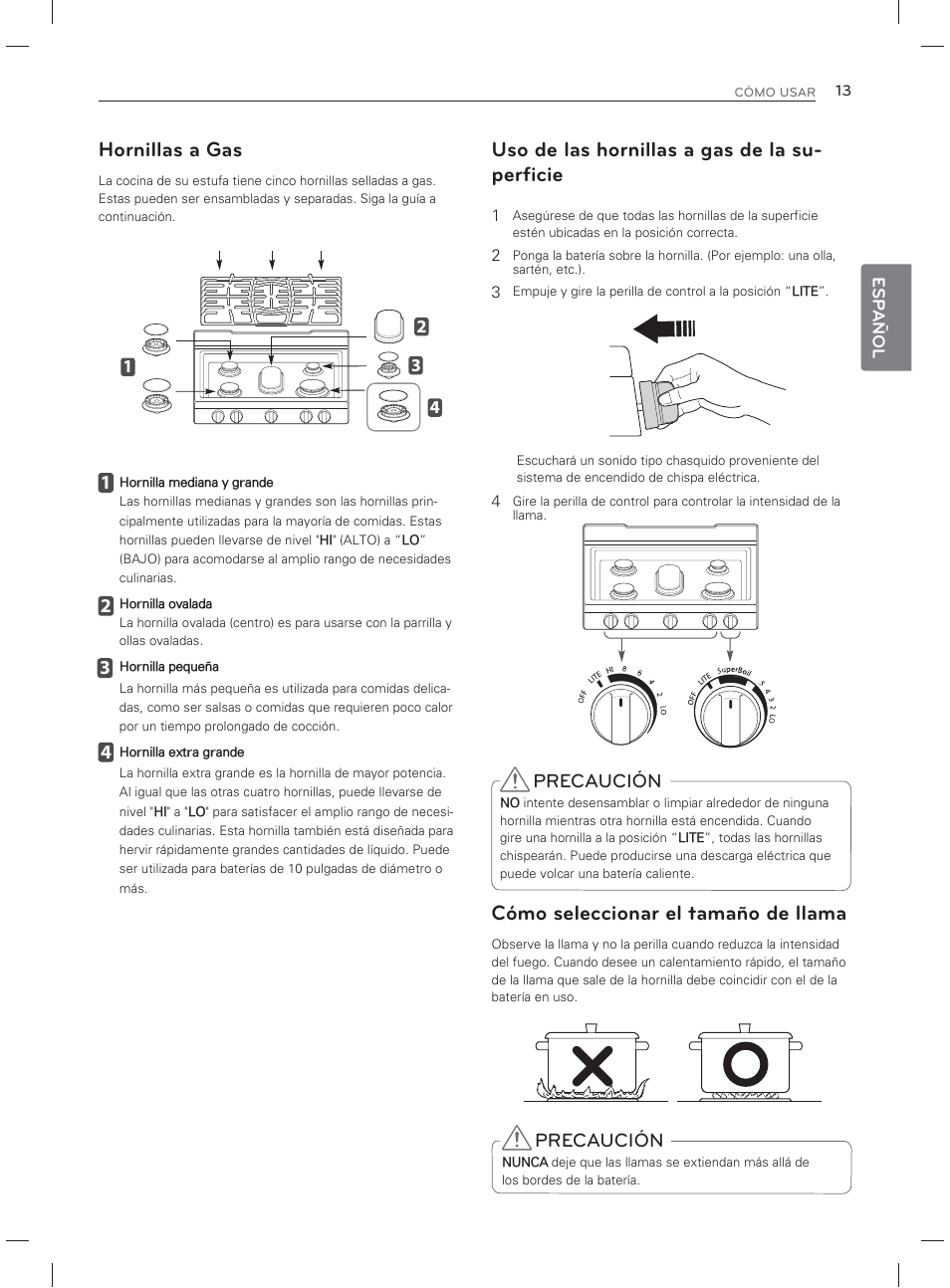 Hornillas a gas, Uso de las hornillas a gas de la su- perficie, Cómo seleccionar el tamaño de llama | Precaución | LG LDG3017ST User Manual | Page 60 / 93