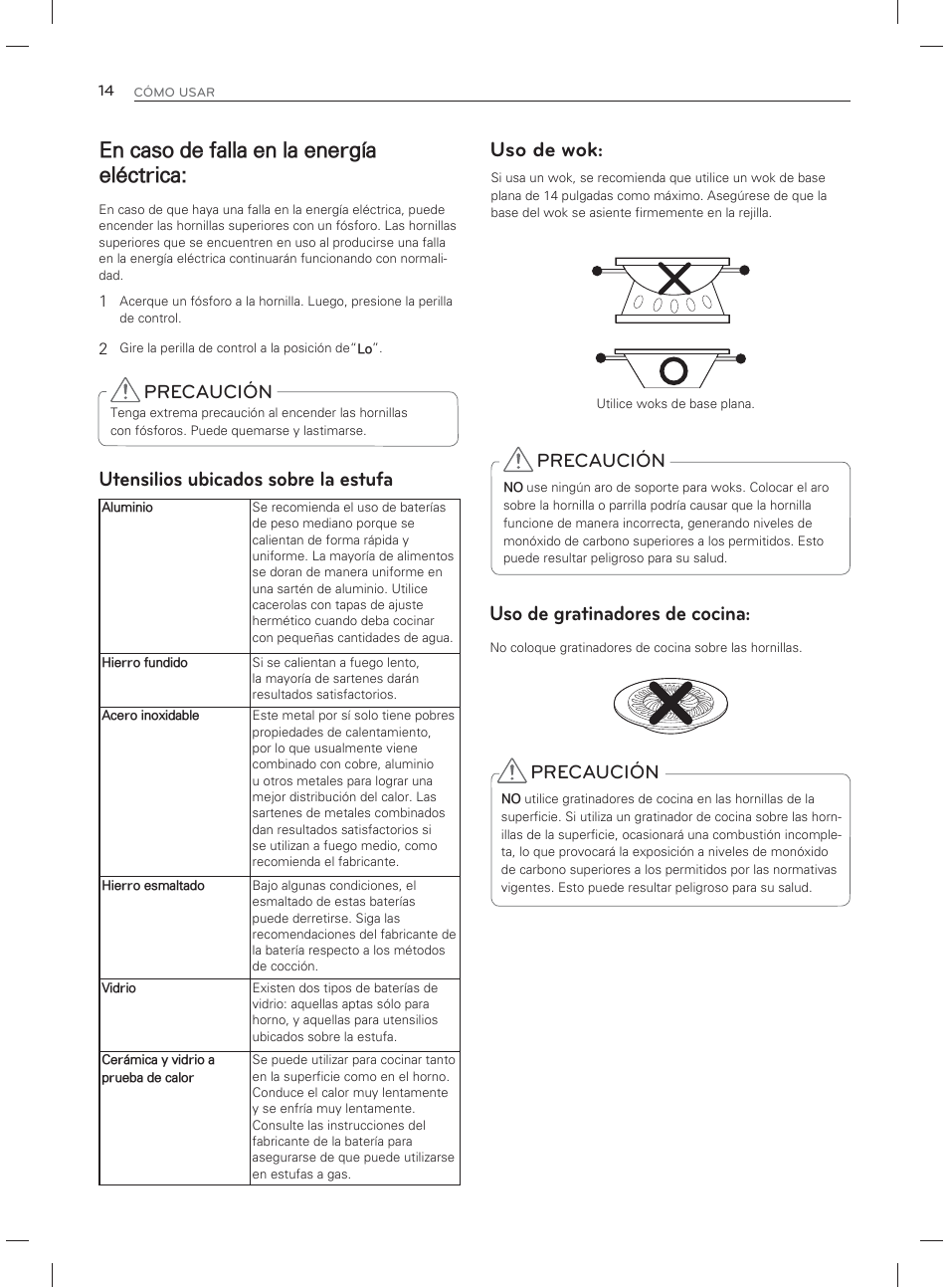 En caso de falla en la energía eléctrica, Utensilios ubicados sobre la estufa, Uso de wok: uso de gratinadores de cocina | Precaución | LG LDG3017ST User Manual | Page 61 / 93