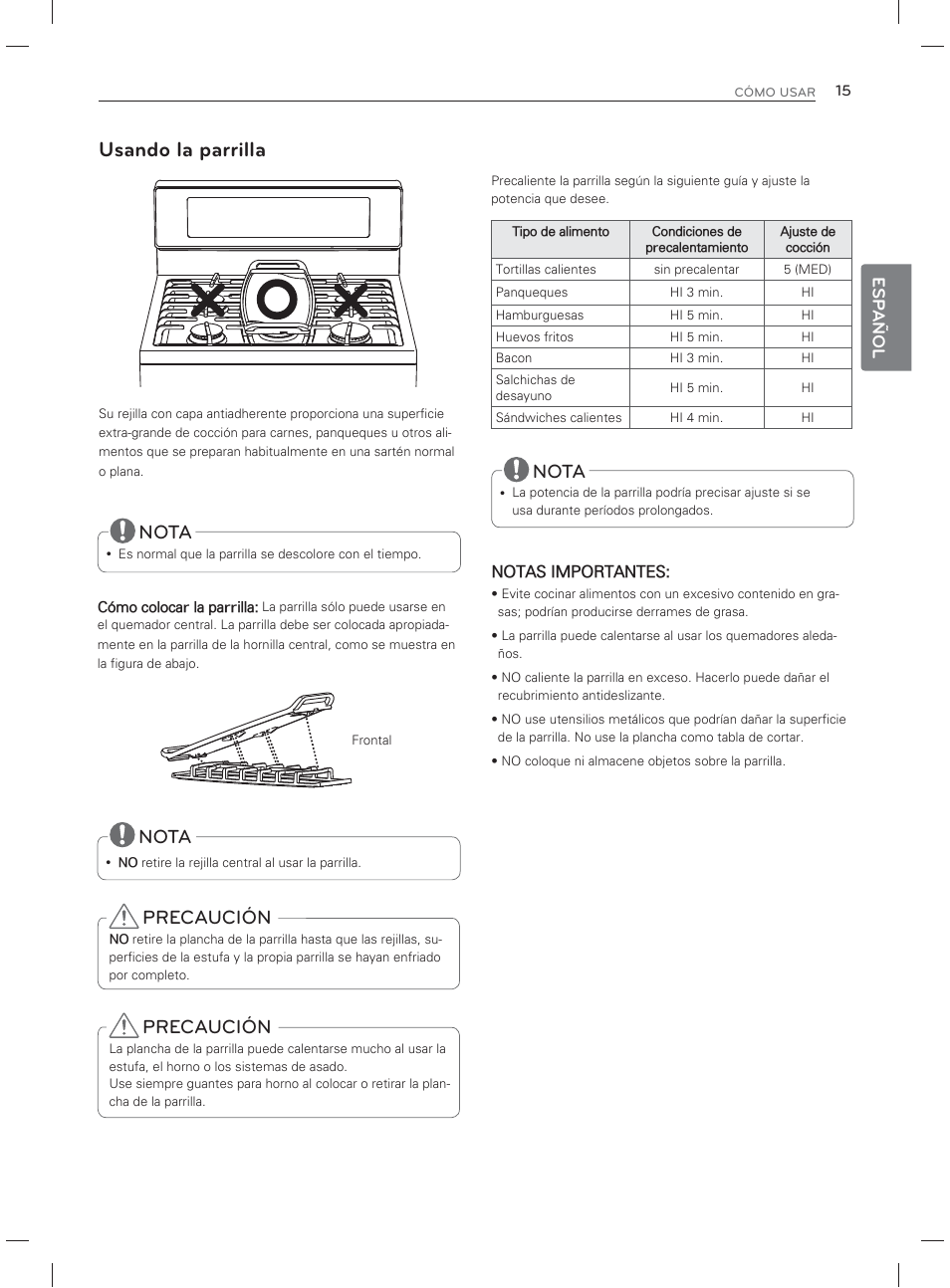 Usando la parrilla, Precaución, Nota | Esp añol | LG LDG3017ST User Manual | Page 62 / 93