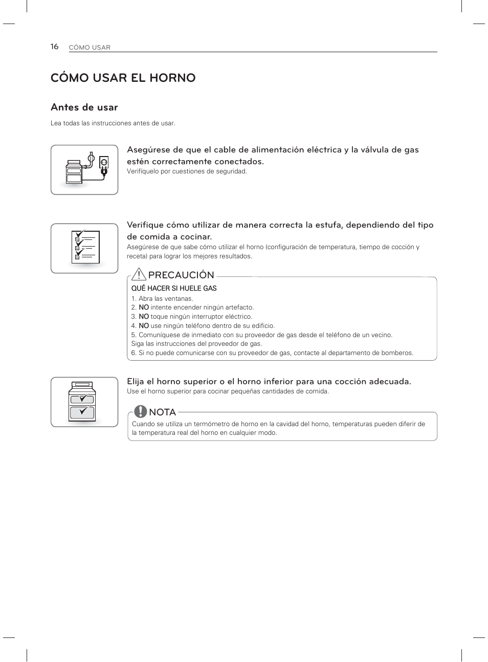 Cómo usar el horno, Antes de usar, Precaución | Nota | LG LDG3017ST User Manual | Page 63 / 93