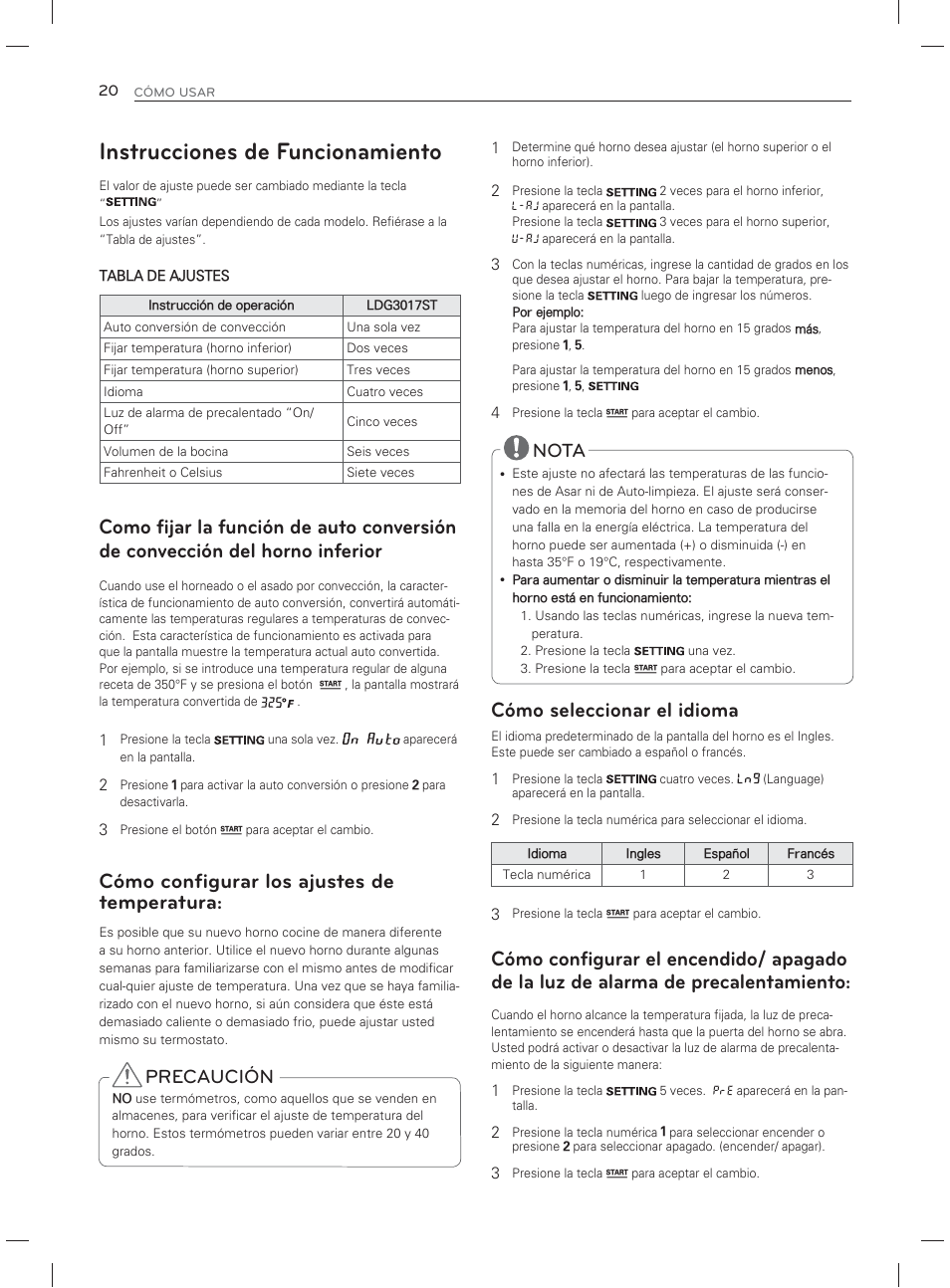 Instrucciones de funcionamiento, Cómo configurar los ajustes de temperatura, Cómo seleccionar el idioma | Nota, Precaución | LG LDG3017ST User Manual | Page 67 / 93