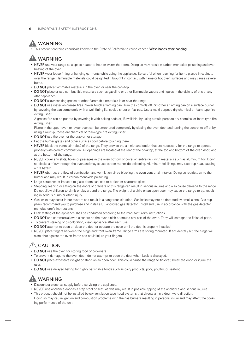 Warning, Caution | LG LDG3017ST User Manual | Page 7 / 93