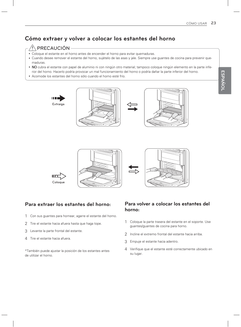 Para extraer los estantes del horno, Para volver a colocar los estantes del horno, Precaución | LG LDG3017ST User Manual | Page 70 / 93