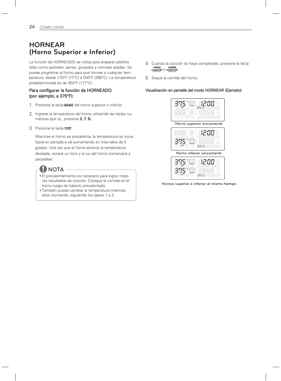 Hornear (horno superior e inferior), Nota | LG LDG3017ST User Manual | Page 71 / 93