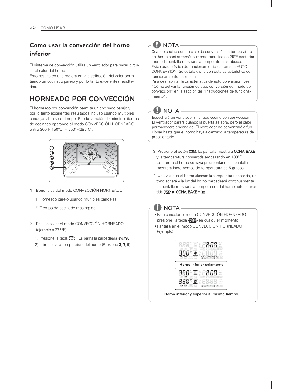 Horneado por convección, Como usar la convección del horno inferior, Nota | LG LDG3017ST User Manual | Page 77 / 93