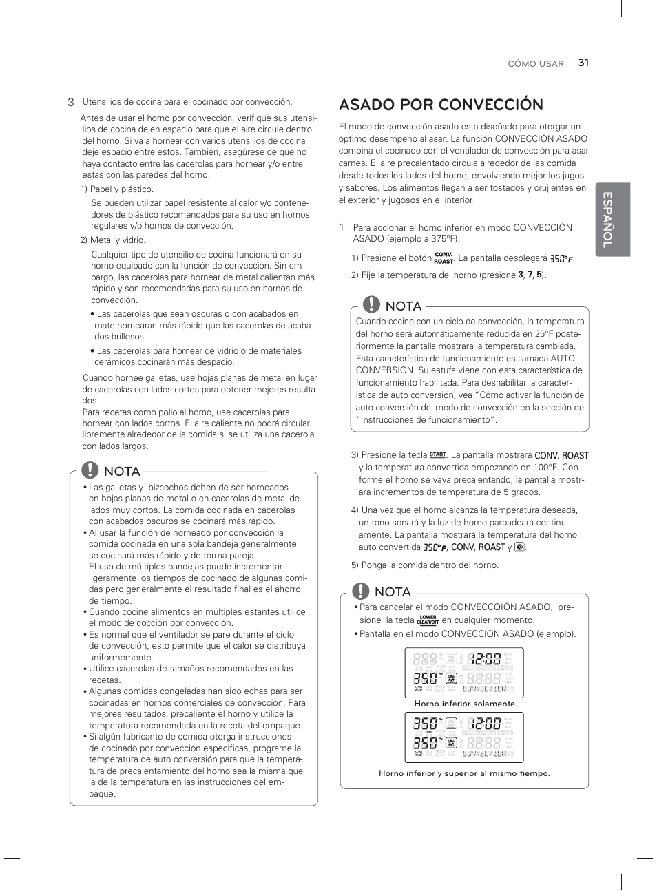 Asado por convección, Nota, Esp añol | LG LDG3017ST User Manual | Page 78 / 93