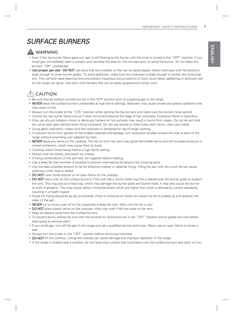 Surface burners, Warning, Caution | English | LG LDG3017ST User Manual | Page 8 / 93