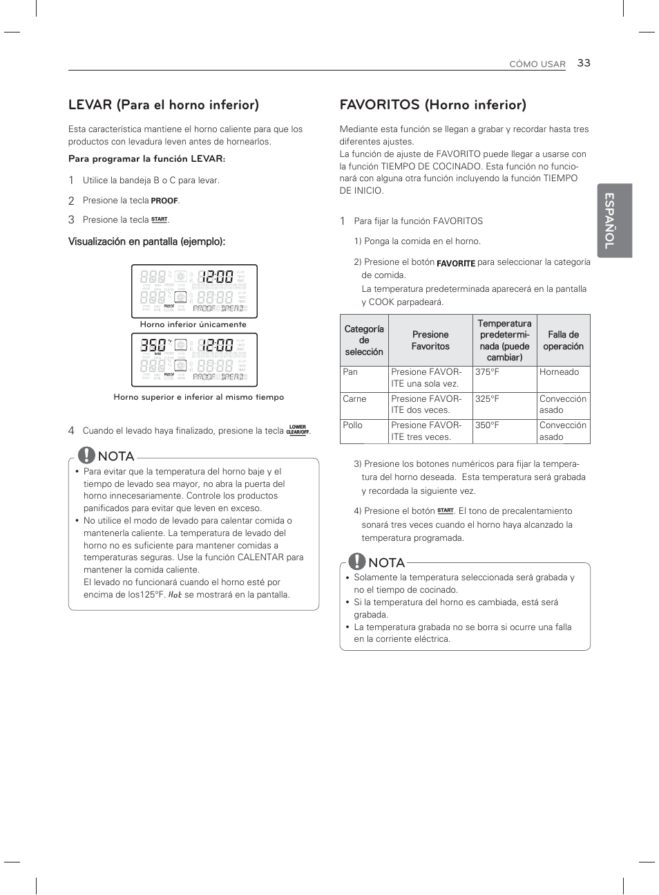 Levar (para el horno inferior), Favoritos (horno inferior), Nota | Esp añol | LG LDG3017ST User Manual | Page 80 / 93