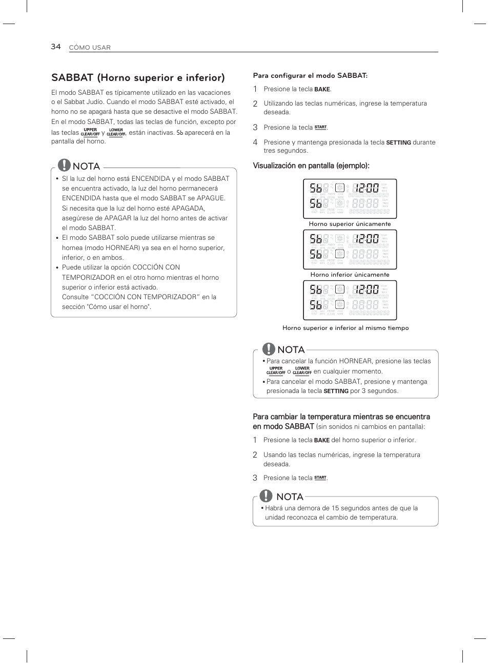 Sabbat (horno superior e inferior), Nota | LG LDG3017ST User Manual | Page 81 / 93