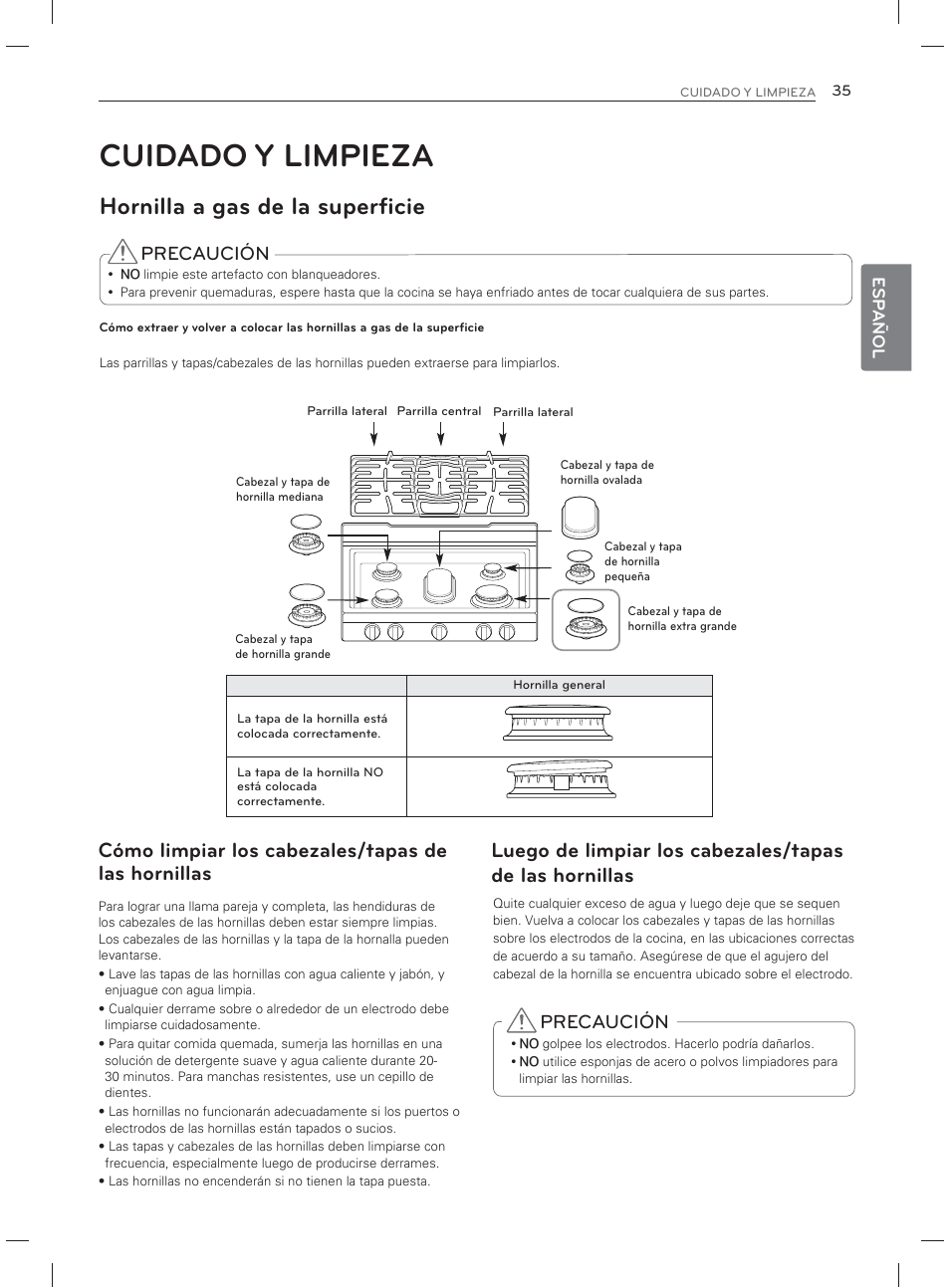 Cuidado y limpieza, Hornilla a gas de la superficie, Cómo limpiar los cabezales/tapas de las hornillas | Precaución, Esp añol | LG LDG3017ST User Manual | Page 82 / 93