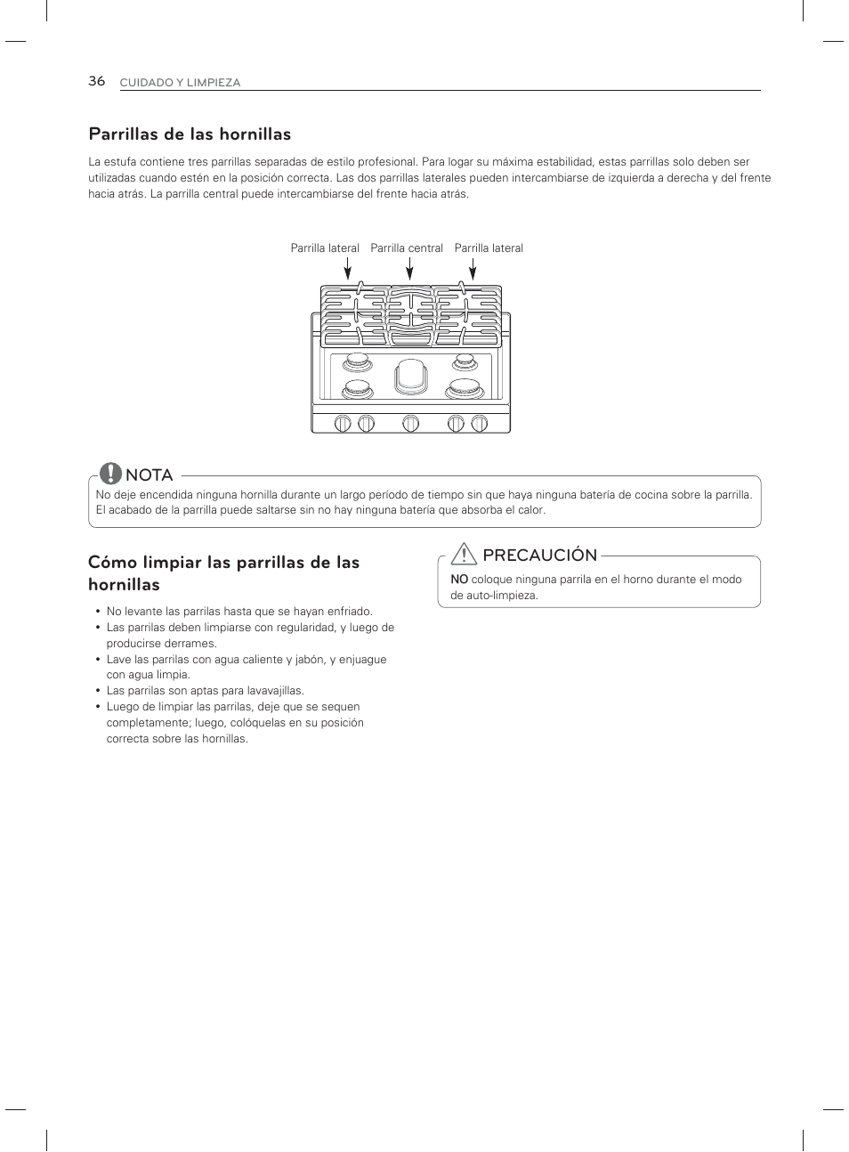Parrillas de las hornillas, Cómo limpiar las parrillas de las hornillas, Nota | Precaución | LG LDG3017ST User Manual | Page 83 / 93