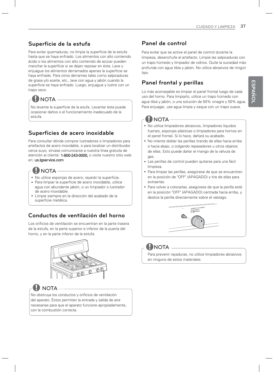 Superficie de la estufa, Superficies de acero inoxidable, Conductos de ventilación del horno | Panel de control, Panel frontal y perillas, Nota | LG LDG3017ST User Manual | Page 84 / 93