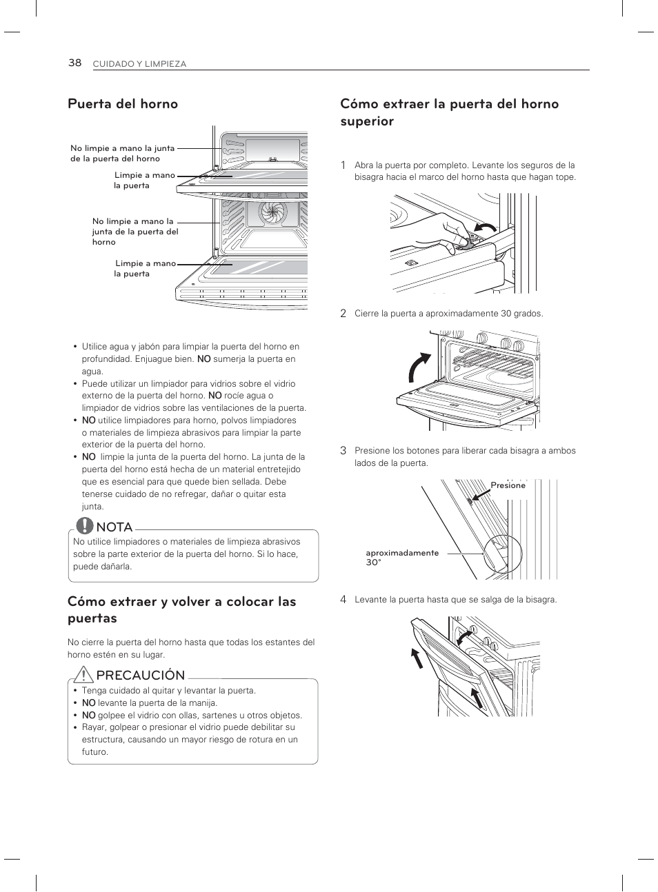 Puerta del horno, Cómo extraer y volver a colocar las puertas, Cómo extraer la puerta del horno superior | Nota, Precaución | LG LDG3017ST User Manual | Page 85 / 93