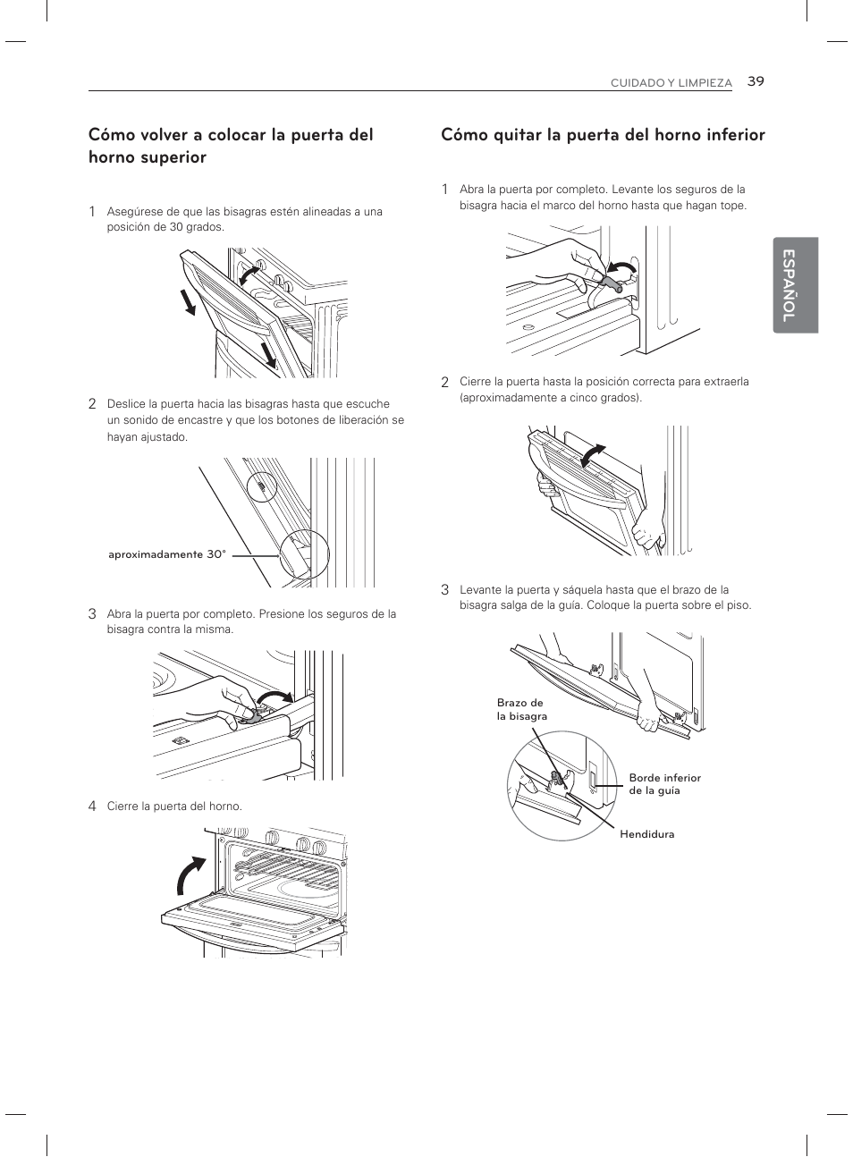 Cómo volver a colocar la puerta del horno superior, Cómo quitar la puerta del horno inferior | LG LDG3017ST User Manual | Page 86 / 93