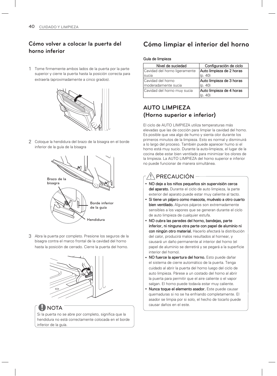 Cómo limpiar el interior del horno, Cómo volver a colocar la puerta del horno inferior, Auto limpieza (horno superior e inferior) | Precaución, Nota | LG LDG3017ST User Manual | Page 87 / 93