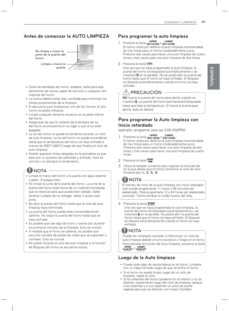 Antes de comenzar la auto limpieza, Luego de la auto limpieza, Para programar la auto limpieza | Nota, Precaución, Esp añol | LG LDG3017ST User Manual | Page 88 / 93