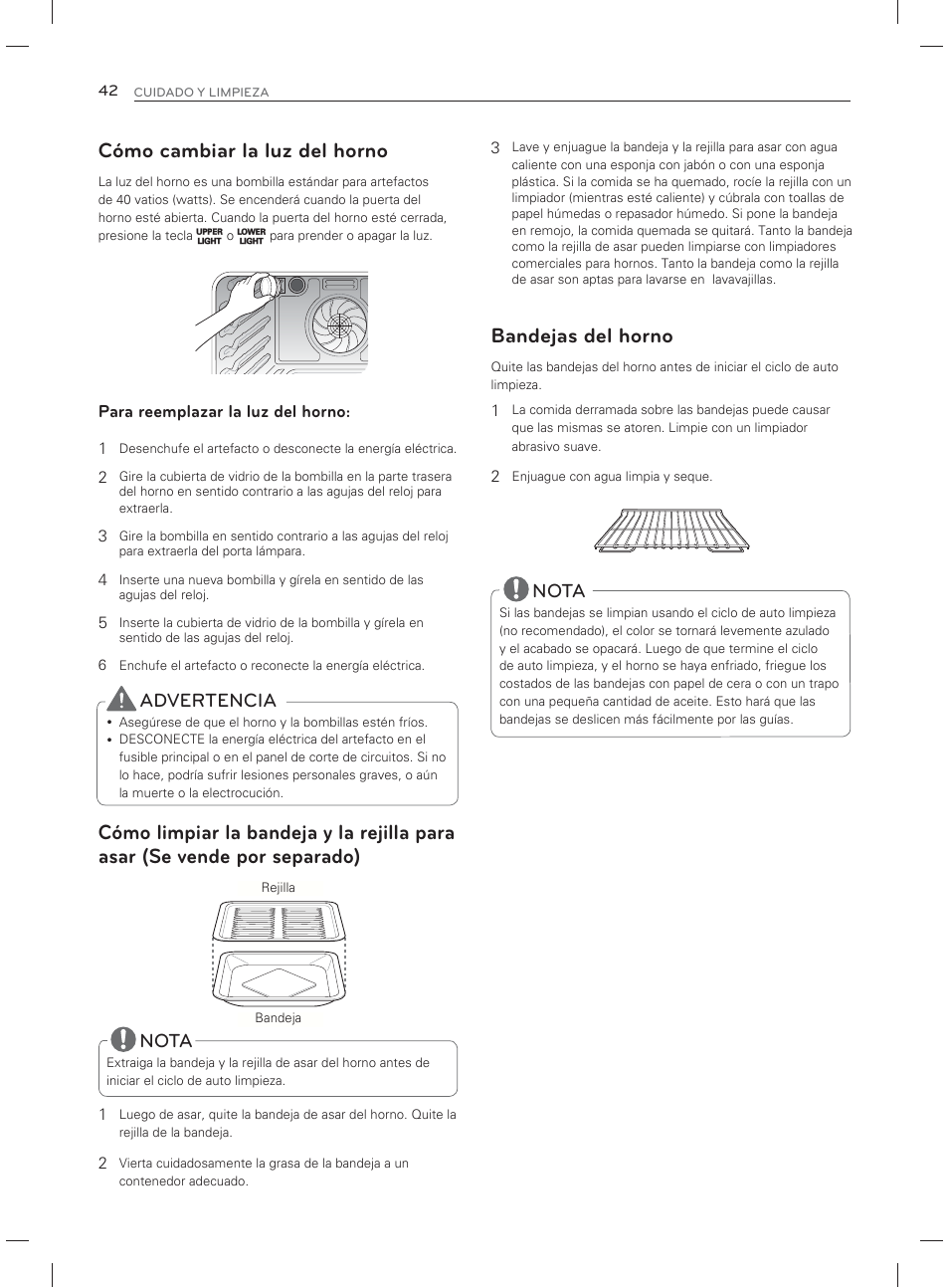 Cómo cambiar la luz del horno, Bandejas del horno, Advertencia | Nota | LG LDG3017ST User Manual | Page 89 / 93