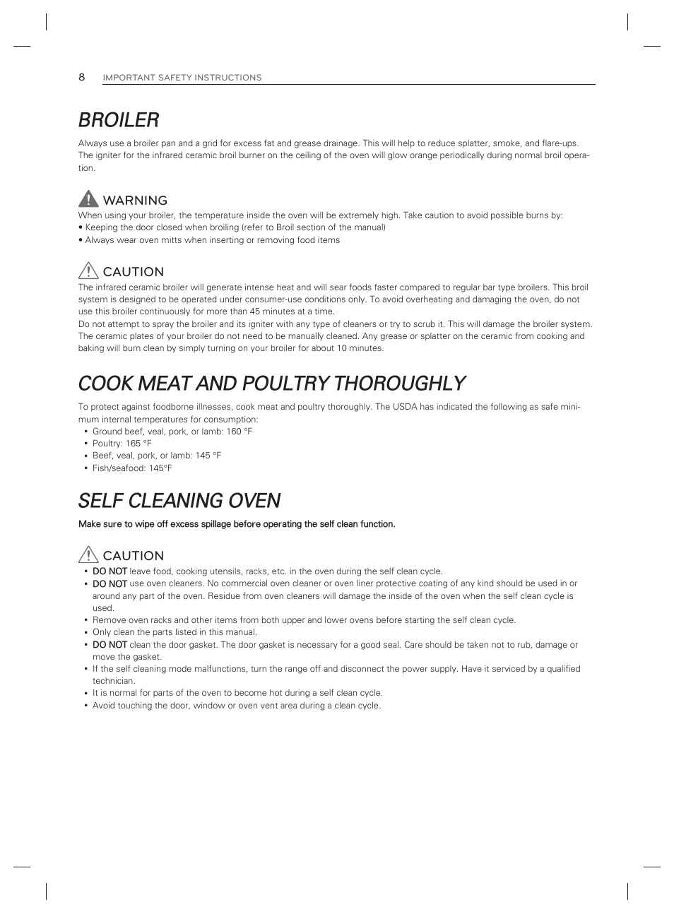 Broiler, Cook meat and poultry thoroughly, Self cleaning oven | Warning, Caution | LG LDG3017ST User Manual | Page 9 / 93