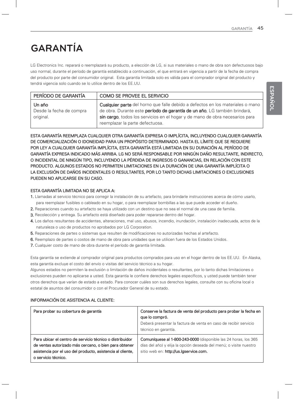 Garantía, Esp añol | LG LDG3017ST User Manual | Page 92 / 93