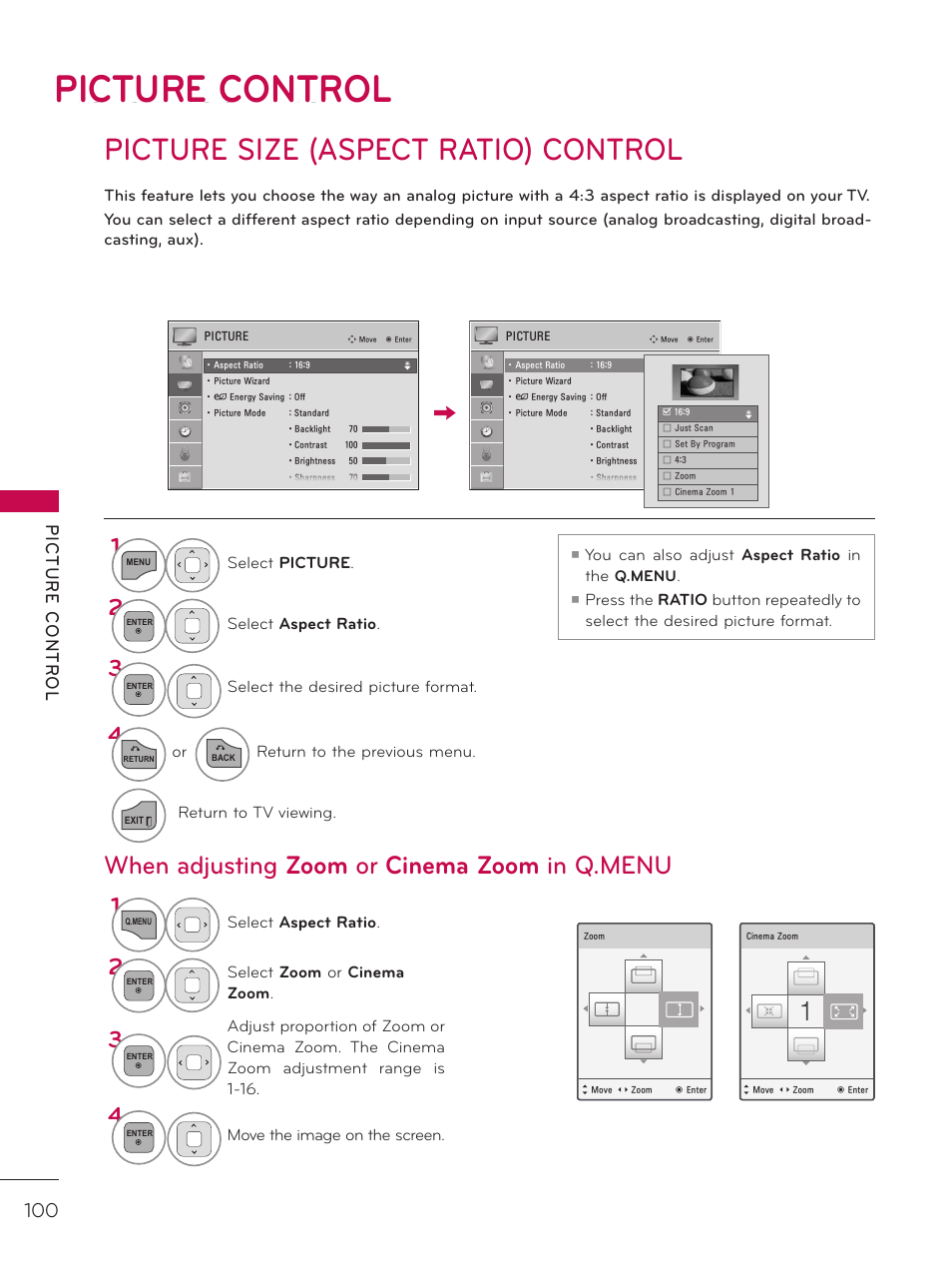 Picture control, Picture size (aspect ratio) control, When adjusting zoom or cinema zoom in q.menu | LG 37LD452C User Manual | Page 100 / 172
