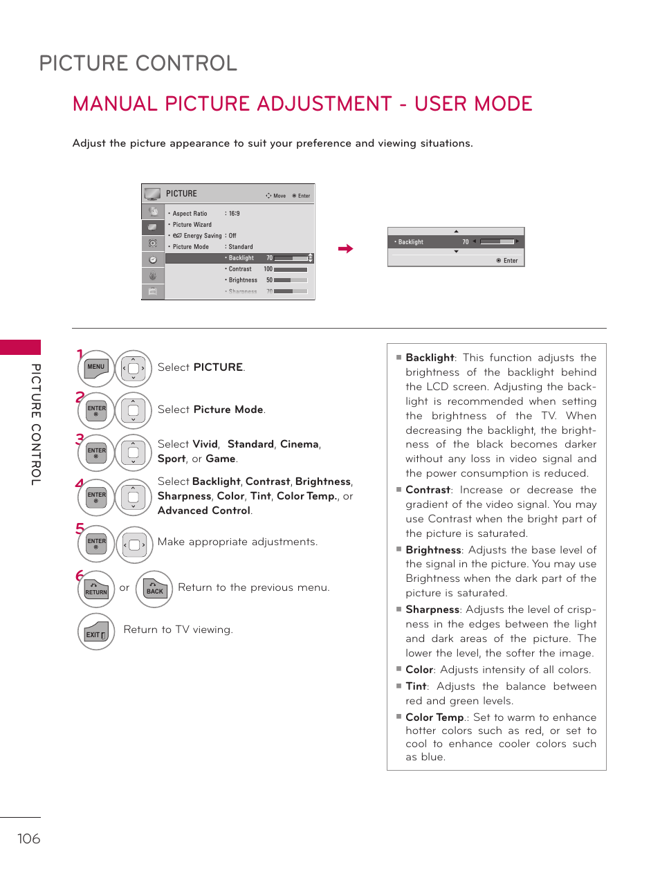 Manual picture adjustment - user mode, Picture control | LG 37LD452C User Manual | Page 106 / 172