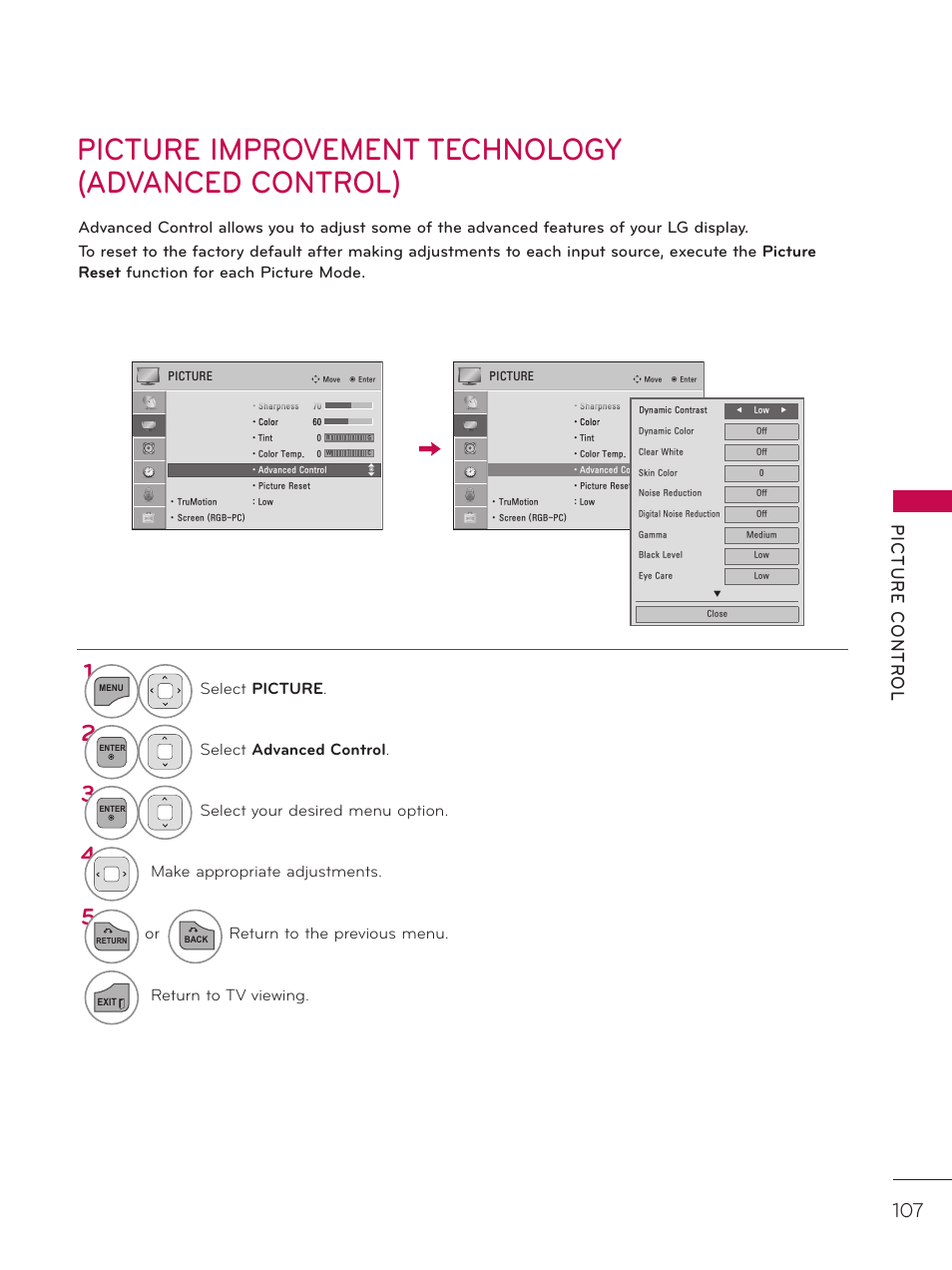 Picture improvement technology(advanced control), Picture improvement technology (advanced control), Select picture | Select advanced control, Select your desired menu option, Make appropriate adjustments, Or return to the previous menu, Return to tv viewing | LG 37LD452C User Manual | Page 107 / 172