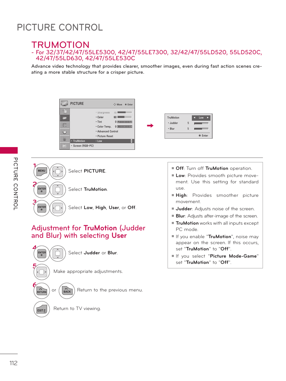 Trumotion, Picture control | LG 37LD452C User Manual | Page 112 / 172