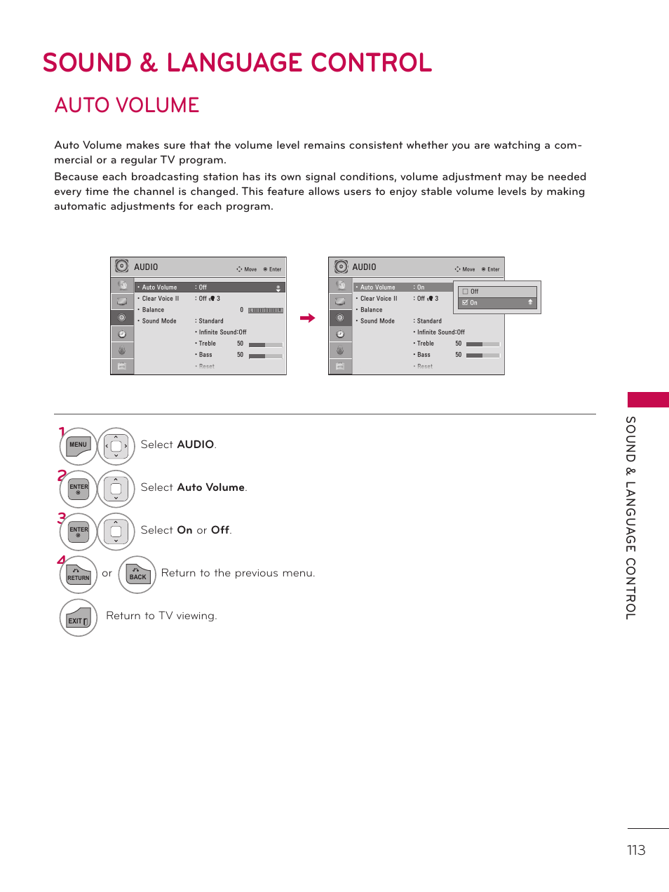 Sound & language control, Auto volume | LG 37LD452C User Manual | Page 113 / 172