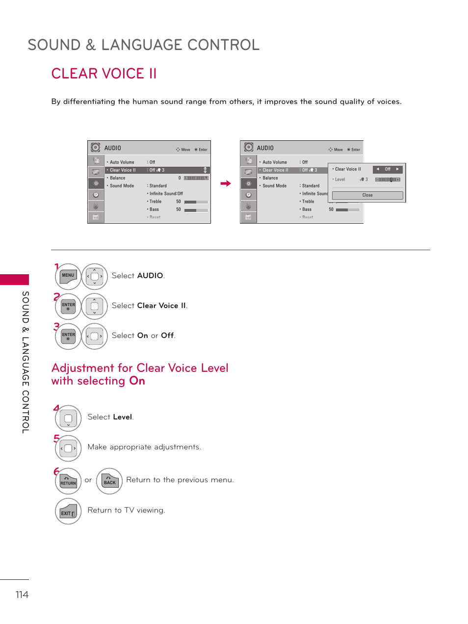 Clear voice ii, Sound & language control, Adjustment for clear voice level with selecting on | LG 37LD452C User Manual | Page 114 / 172