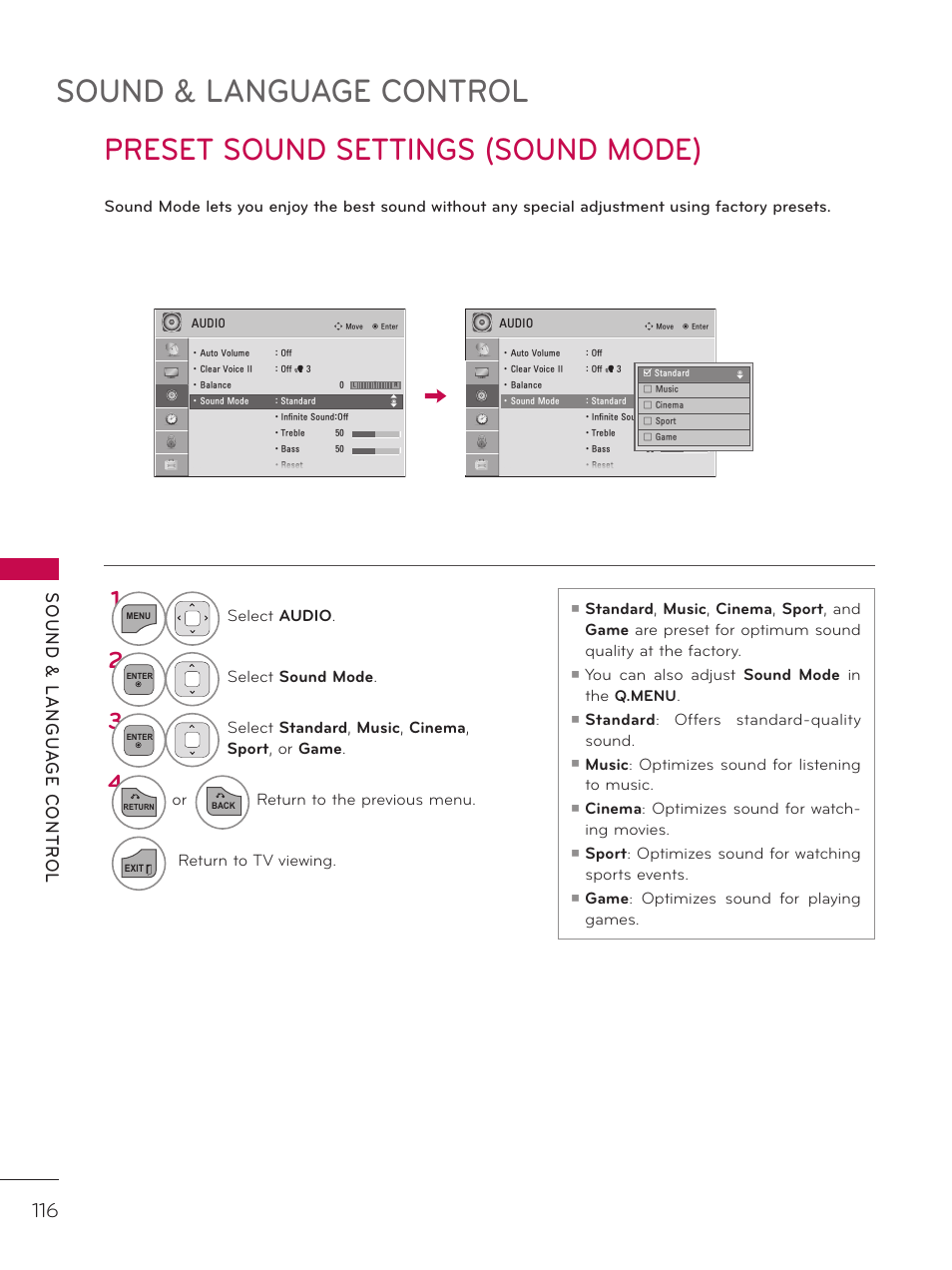 Preset sound settings (sound mode), Sound & language control | LG 37LD452C User Manual | Page 116 / 172