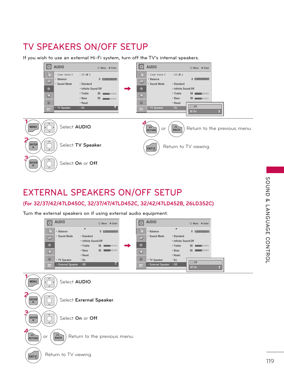 Tv speakers on/off setup, External speakers on/off setup, Select audio | Select tv speaker, Select on or off, Select exrernal speaker, Or return to the previous menu, Return to tv viewing | LG 37LD452C User Manual | Page 119 / 172