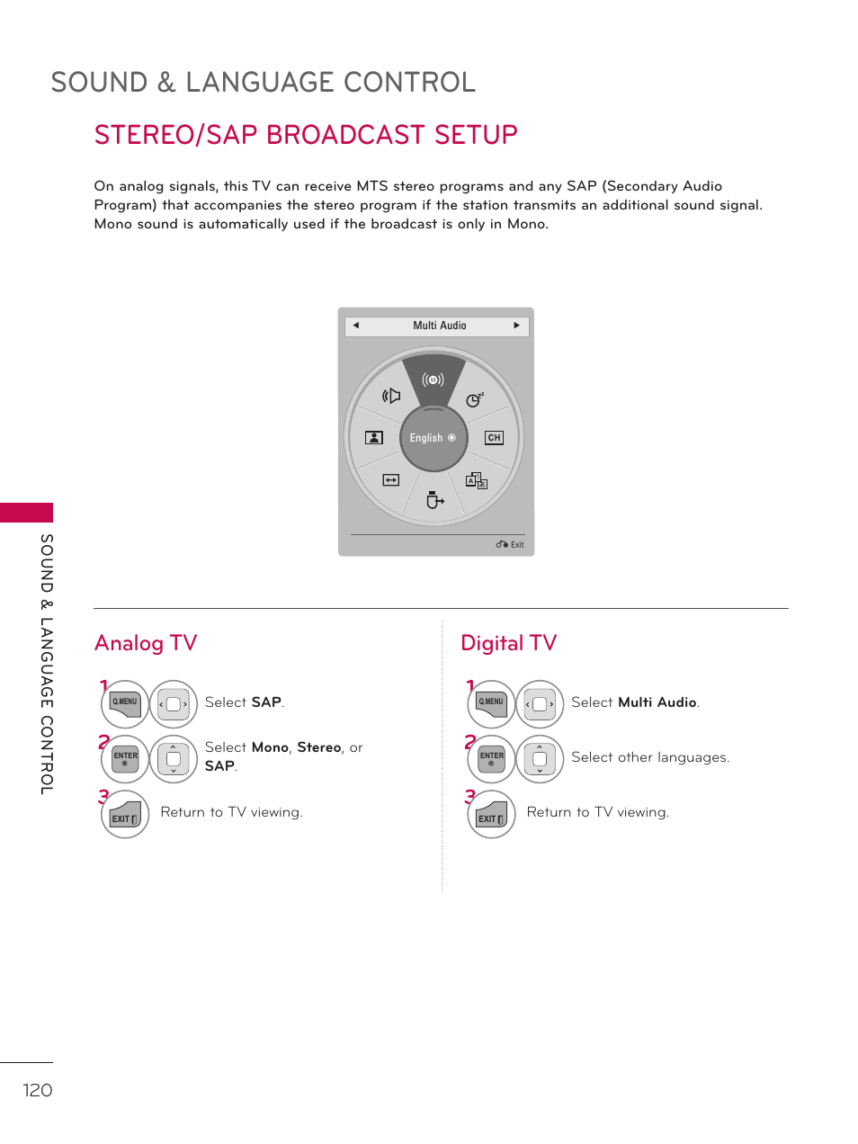 Stereo/sap broadcast setup, Sound & language control, Analog tv digital tv | LG 37LD452C User Manual | Page 120 / 172