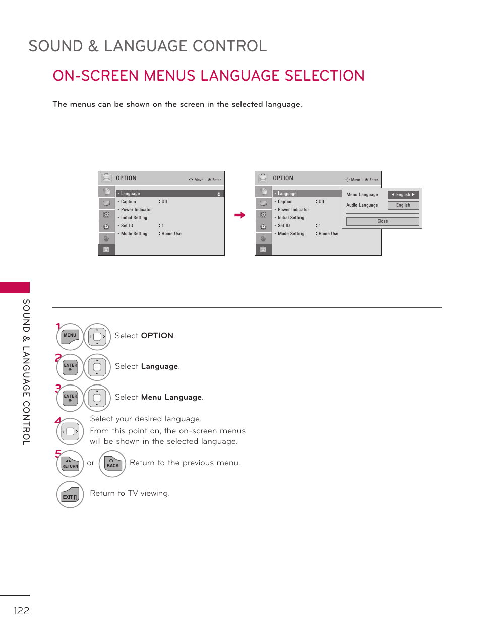 On-screen menus language selection, Sound & language control | LG 37LD452C User Manual | Page 122 / 172