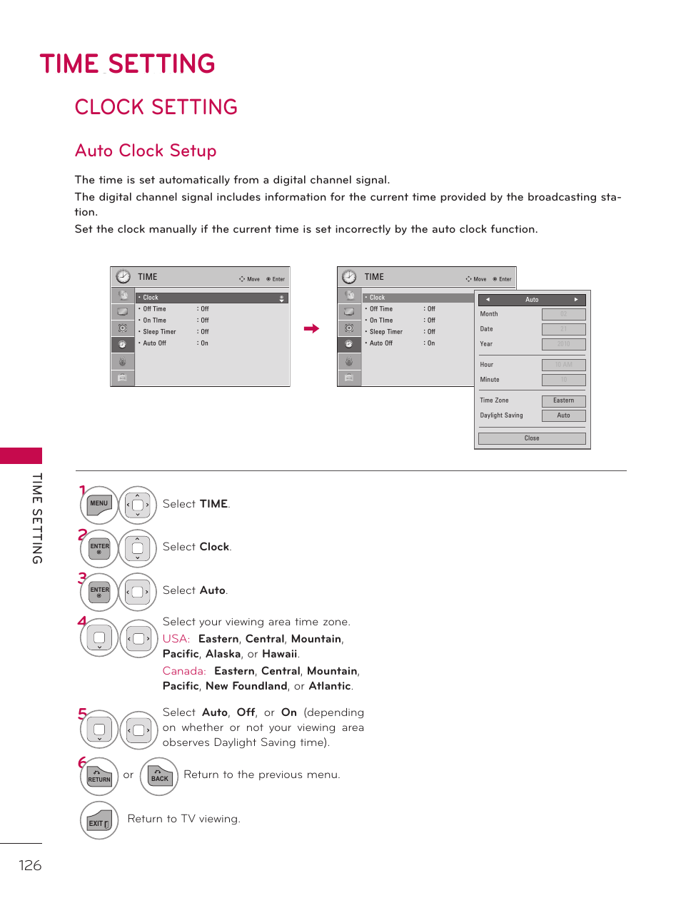Time setting, Clock setting, Auto clock setup | Tim e s et tin g | LG 37LD452C User Manual | Page 126 / 172