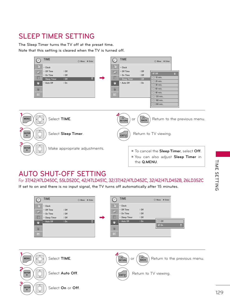 Sleep timer setting, Auto shut-off setting, Tim e s et tin g | Select time, Select sleep timer, Make appropriate adjustments, You can also adjust sleep timer in the q.menu, Select auto off, Select on or off, Or return to the previous menu | LG 37LD452C User Manual | Page 129 / 172