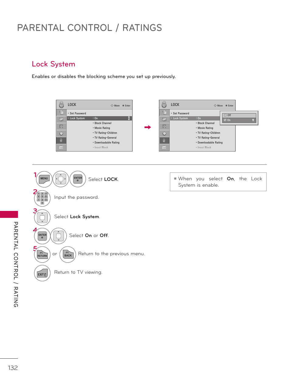 Parental control / ratings, Lock system, When you select | The lock system is enable | LG 37LD452C User Manual | Page 132 / 172