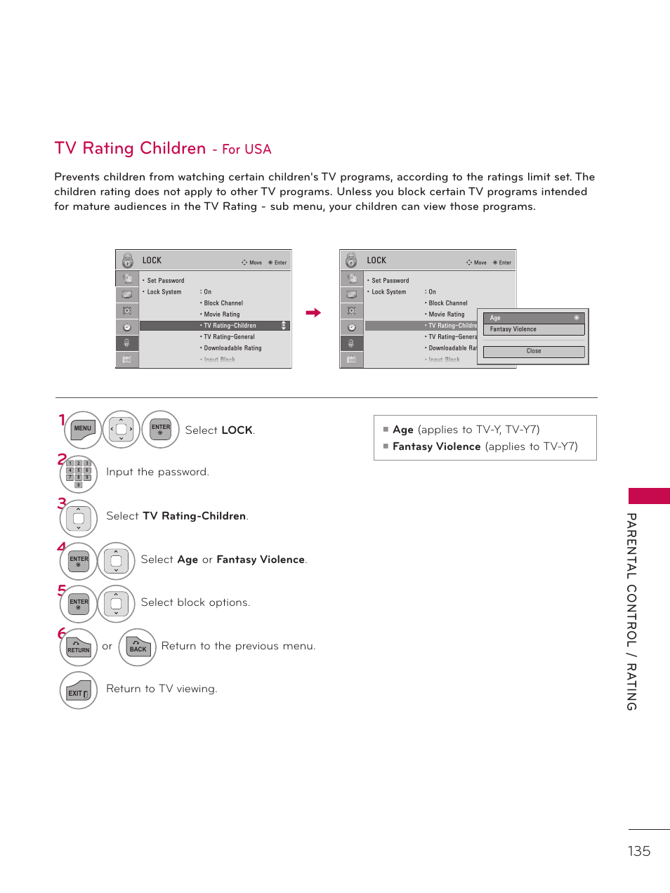 Tv rating children, For usa | LG 37LD452C User Manual | Page 135 / 172