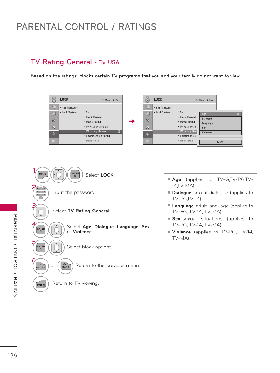 Parental control / ratings, Tv rating general, For usa | LG 37LD452C User Manual | Page 136 / 172