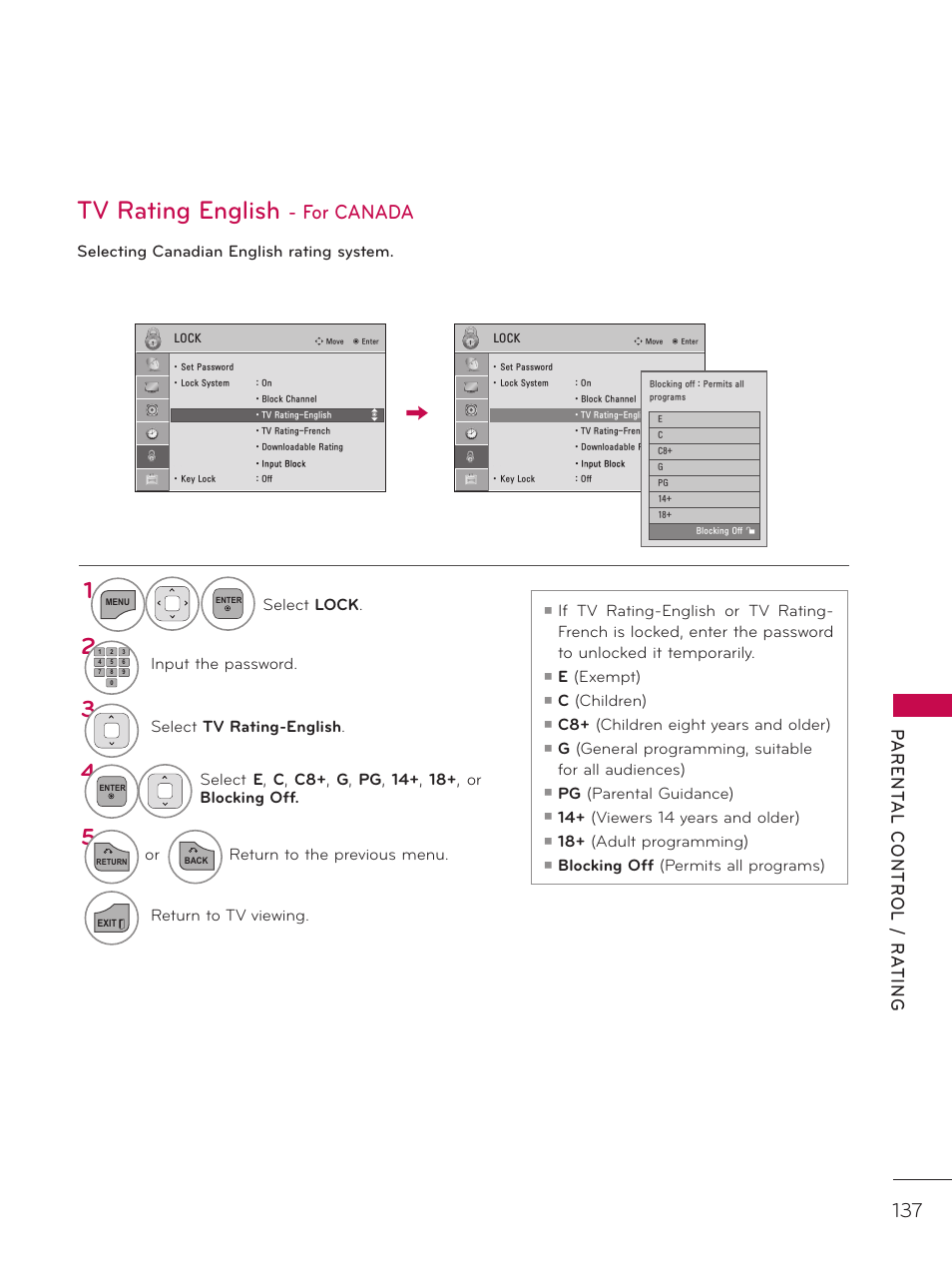 Tv rating english, For canada | LG 37LD452C User Manual | Page 137 / 172