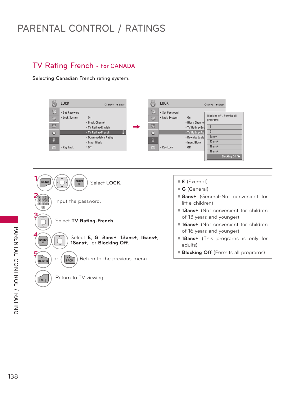 Parental control / ratings, Tv rating french, For canada | LG 37LD452C User Manual | Page 138 / 172