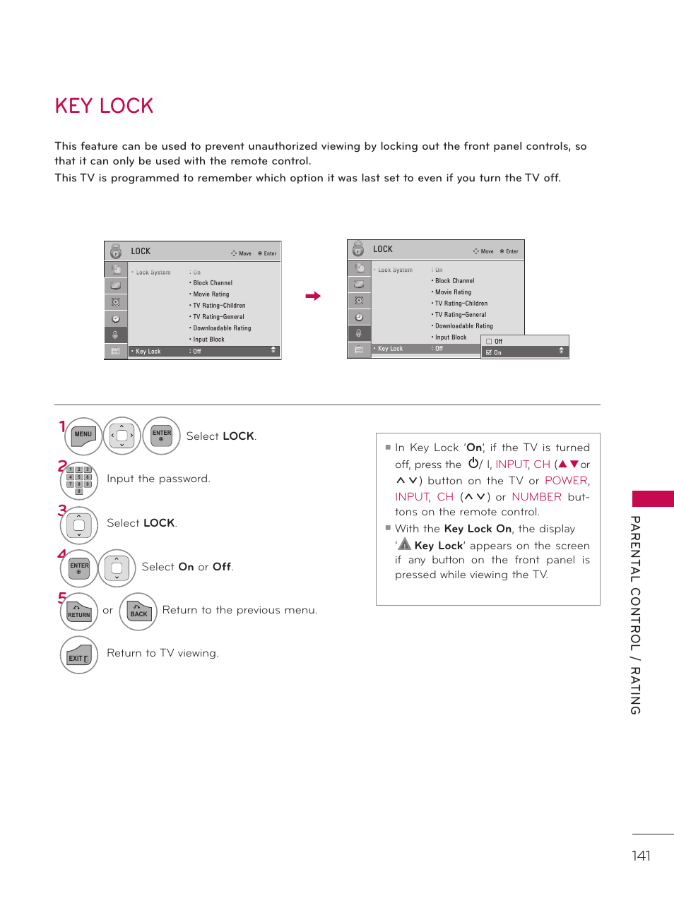 Key lock | LG 37LD452C User Manual | Page 141 / 172