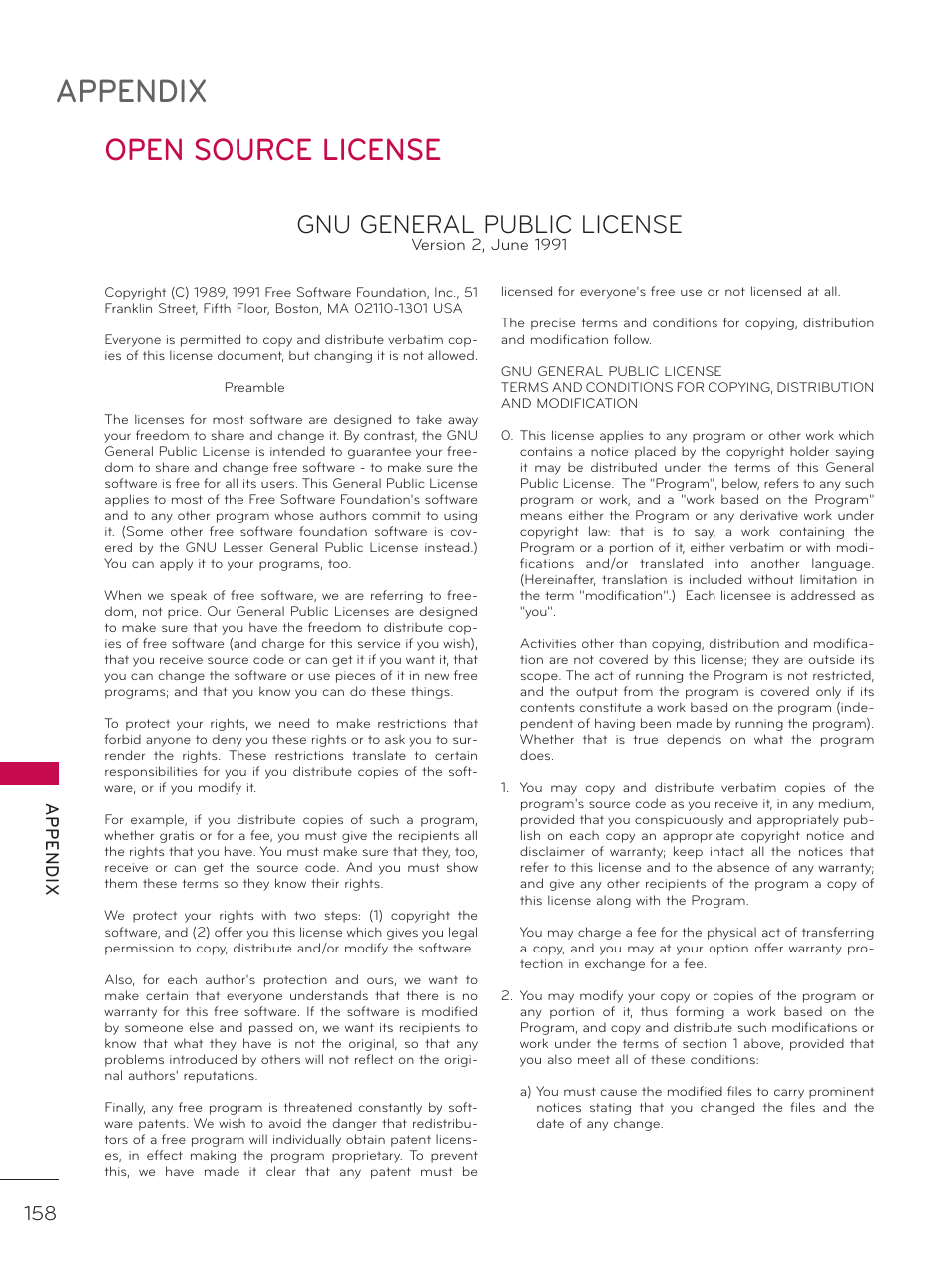 Open source license, Appendix, Gnu general public license | Ap p en d ix | LG 37LD452C User Manual | Page 158 / 172