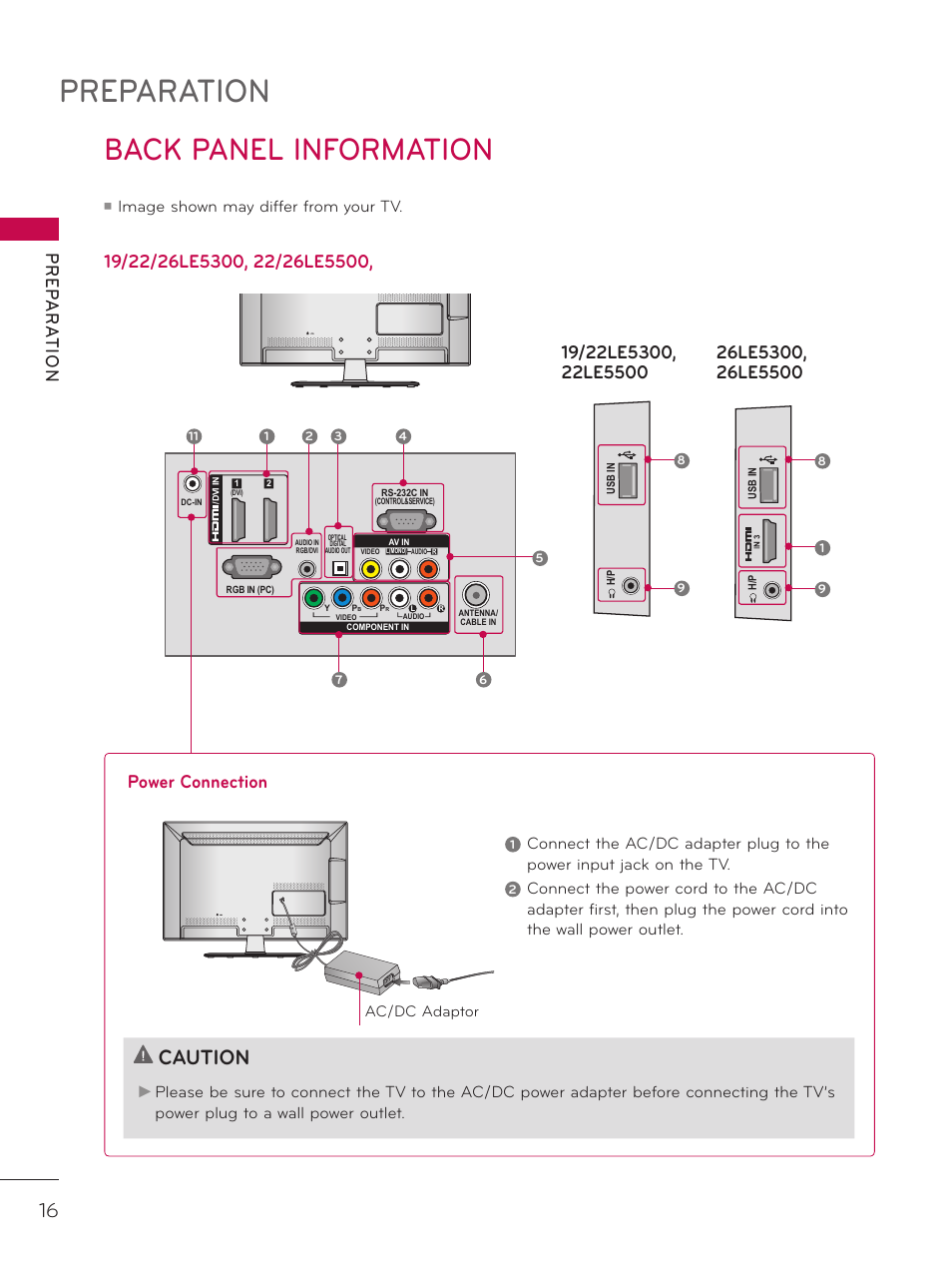 Back panel information, Preparation, Caution | Pr ep a r at io n, Power connection, Image shown may differ from your tv, Ac/dc adaptor, Dc in | LG 37LD452C User Manual | Page 16 / 172