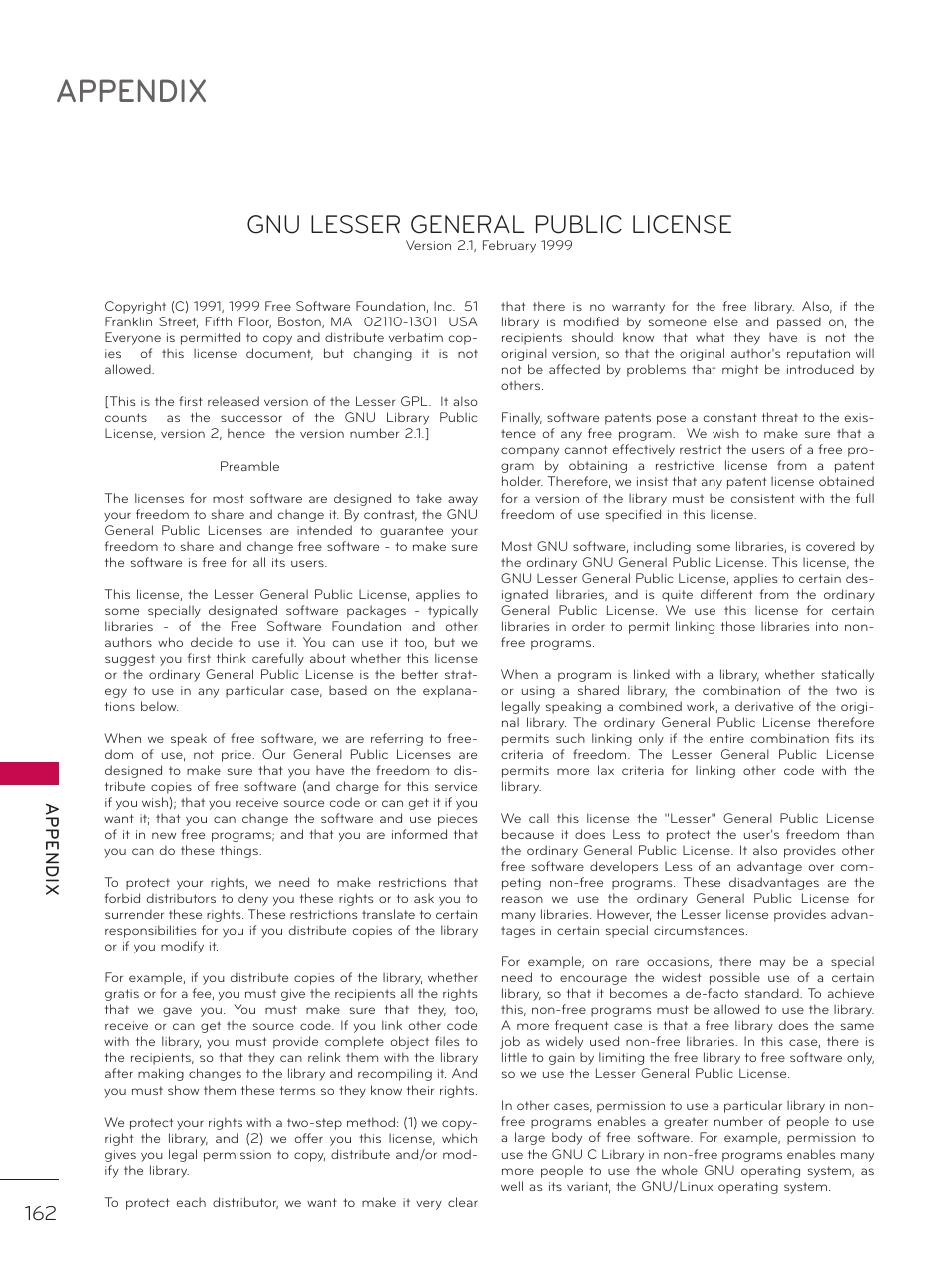 Appendix, Gnu lesser general public license, Ap p en d ix | LG 37LD452C User Manual | Page 162 / 172