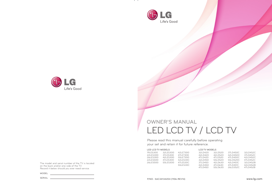 Led lcd tv / lcd tv, Owner’s manual | LG 37LD452C User Manual | Page 172 / 172