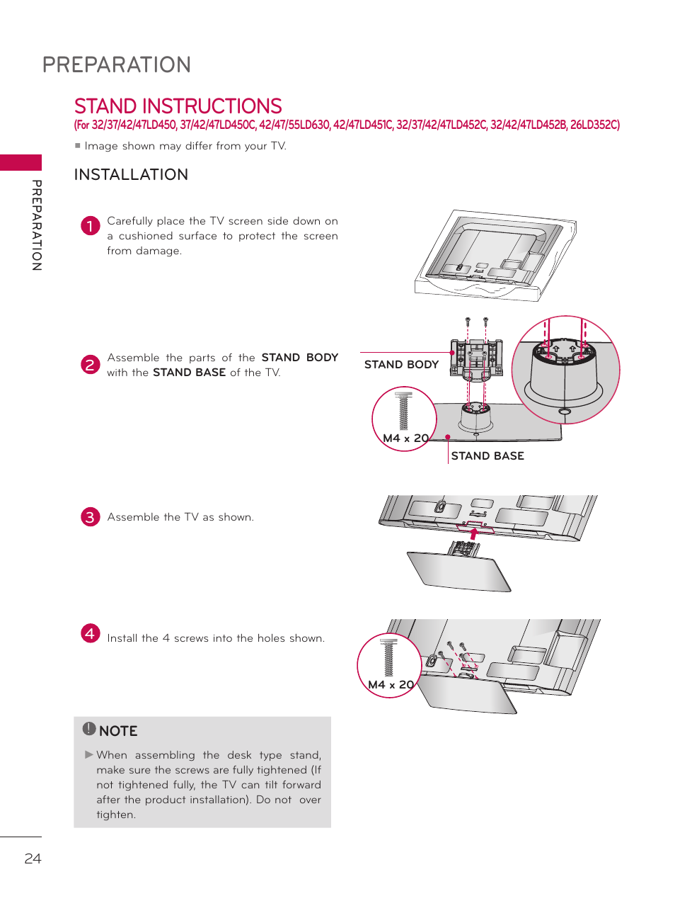 Preparation, Stand instructions, Installation | LG 37LD452C User Manual | Page 24 / 172