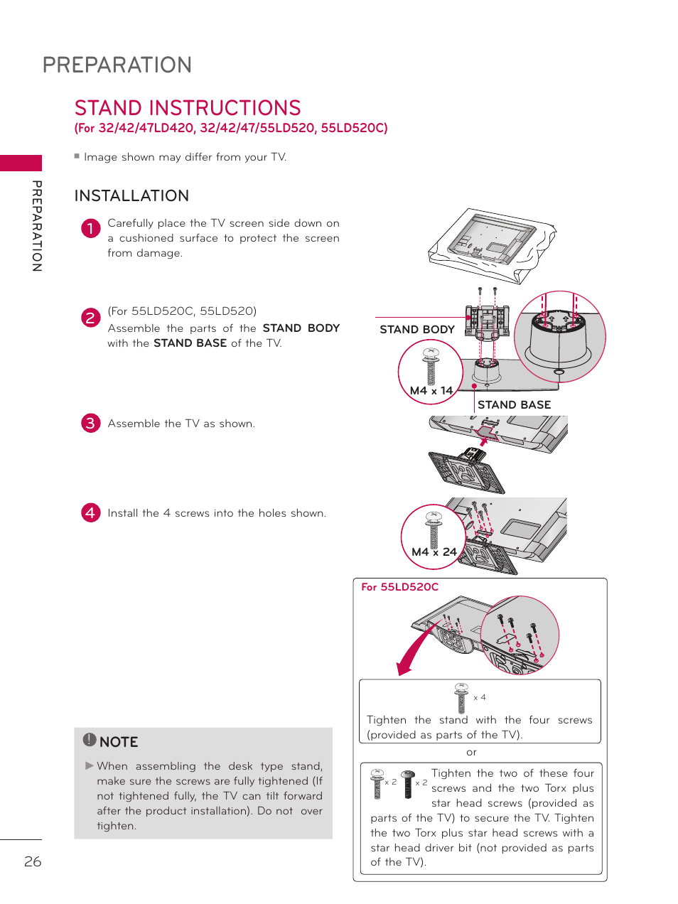 Preparation, Stand instructions, Installation | LG 37LD452C User Manual | Page 26 / 172