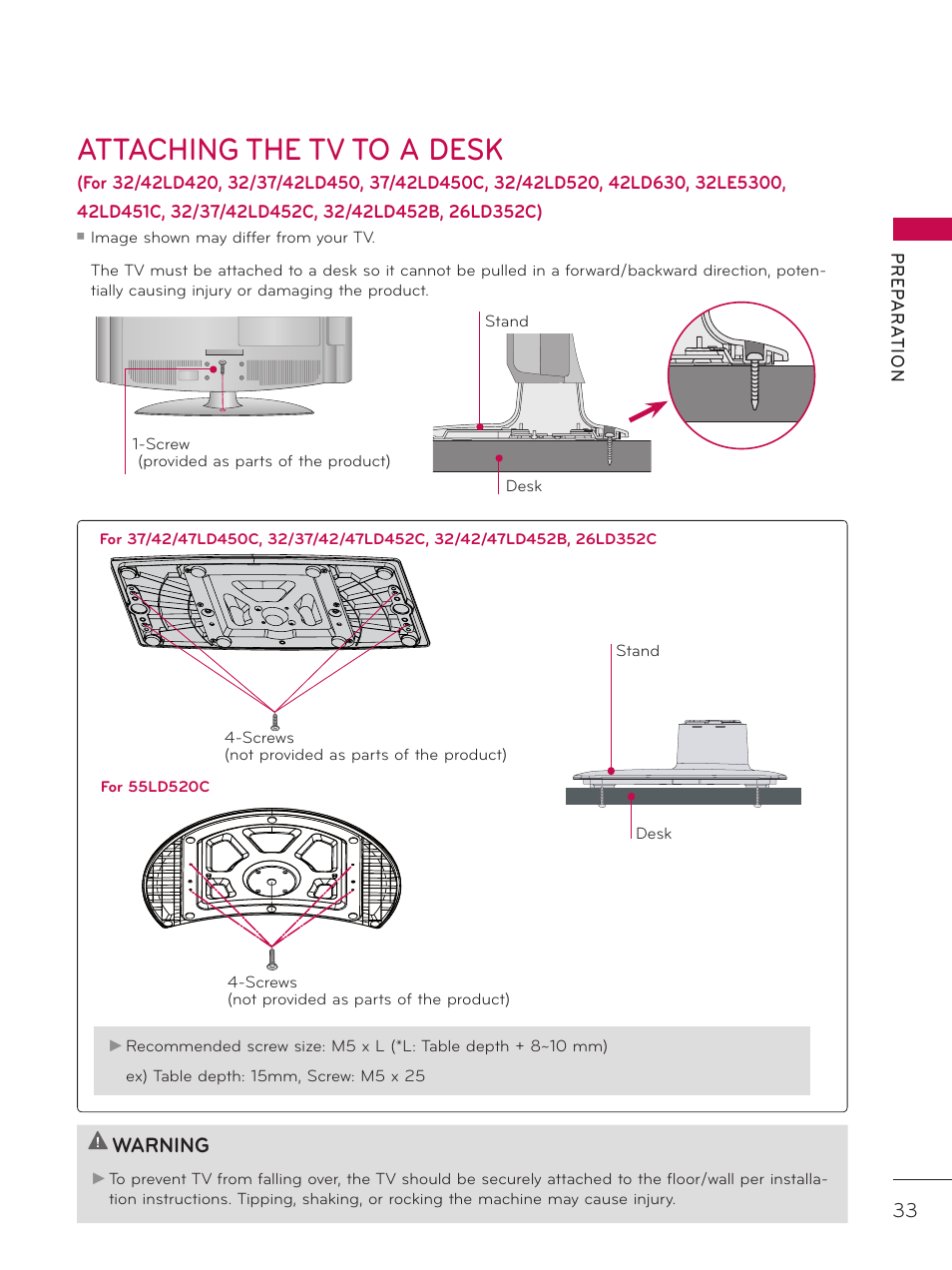 Attaching the tv to a desk, Warning | LG 37LD452C User Manual | Page 33 / 172