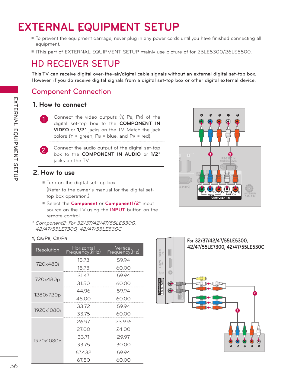 External equipment setup, Hd receiver setup, Component connection | How to connect, How to use, Connect the video outputs (y, p, Blue, and p, Red) | LG 37LD452C User Manual | Page 36 / 172