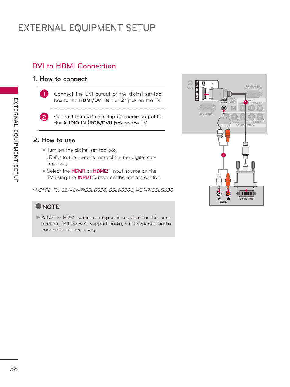 External equipment setup, Dvi to hdmi connection, How to connect | How to use | LG 37LD452C User Manual | Page 38 / 172